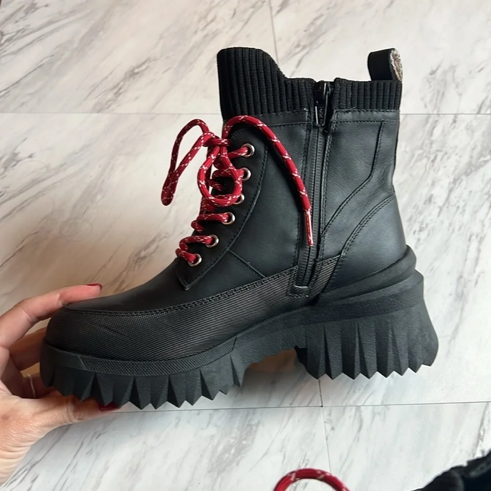 Nurture Whitney chunky boot waterproof red laces black heel shoe booties